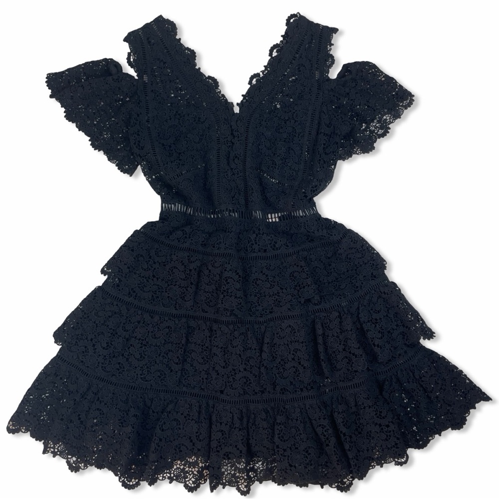 Rebecca Taylor Black Lace Cold Shoulder Dress Size 12 Silk Cotton Tiered